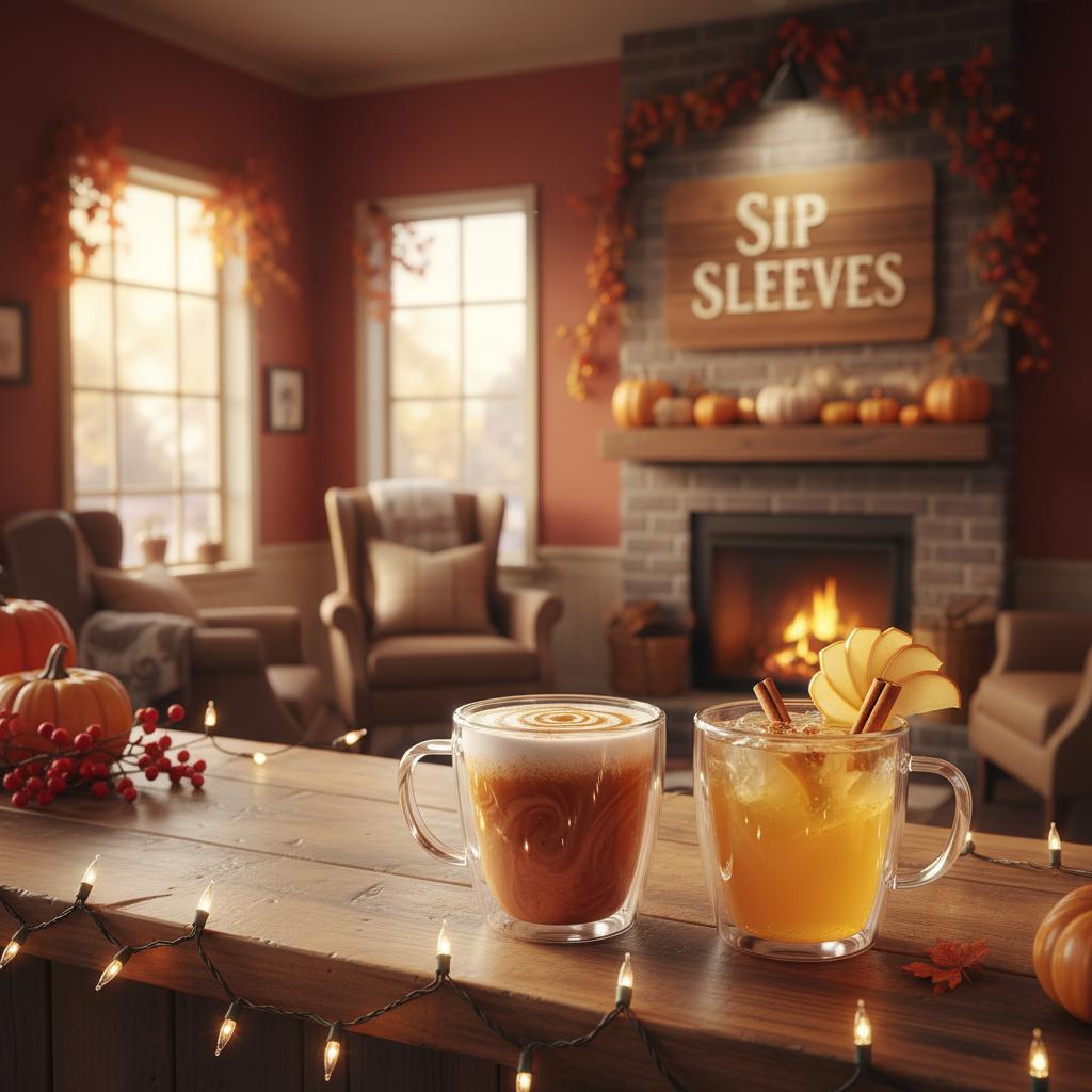 Pumpkin spice latte and apple cider beverage on fall themed coffee house counter with Sip Sleeves wall sign