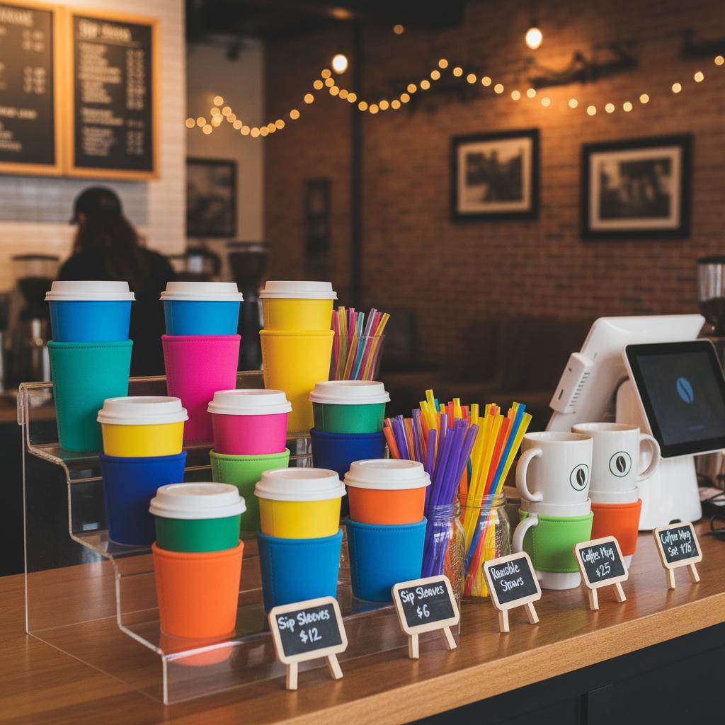 Coffee shop counter display featuring colorful Sip Sleeves cup sleeves, reusable straws and coffee cups for sale as impulse items