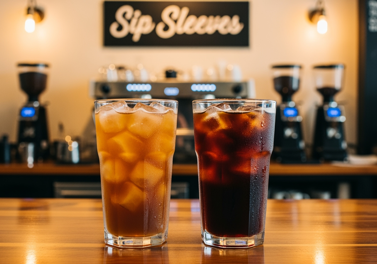 Insulated cup sleeves needed for iced coffee and cold brew condensation in coffee house setting