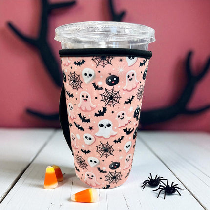20 OZ Pink Spooky Ghosts Insulated Cup Cover Sip Sleeve Fits 20-32 OZ Cups
