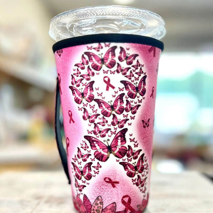 20 OZ Butterfly Breast Cancer Insulated Cup Cover Sip Sleeve Fits 20-32 OZ Cups - Sip Sleeves