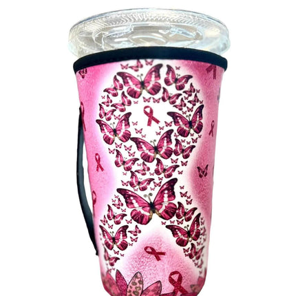 20 OZ Butterfly Breast Cancer Insulated Cup Cover Sip Sleeve Fits 20-32 OZ Cups - Sip Sleeves