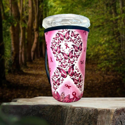 20 OZ Butterfly Breast Cancer Insulated Cup Cover Sip Sleeve Fits 20-32 OZ Cups - Sip Sleeves