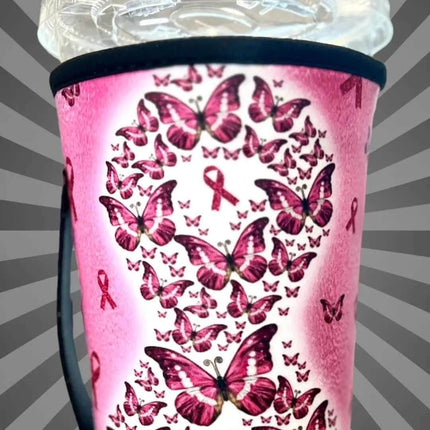 20 OZ Butterfly Breast Cancer Insulated Cup Cover Sip Sleeve Fits 20-32 OZ Cups - Sip Sleeves