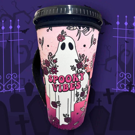 20 OZ Spooky Vibes Retro Ghost Insulated Cup Cover Sip Sleeve Fits 20-32 OZ Cups - Sip Sleeves
