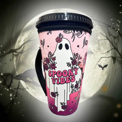 20 OZ Spooky Vibes Retro Ghost Insulated Cup Cover Sip Sleeve Fits 20-32 OZ Cups - Sip Sleeves