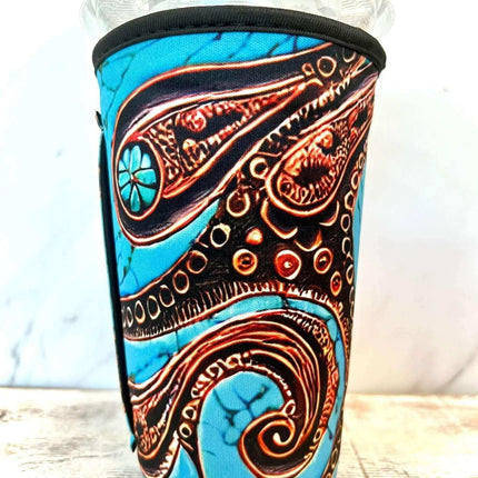 20 OZ Tooled Turquoise Insulated Cup Cover Sip Sleeve Fits 20-32 OZ Cups - Sip Sleeves