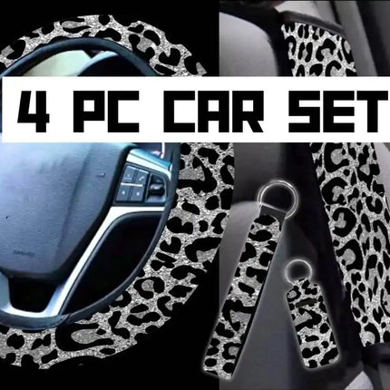 4 PC Car Accessories Set in Black Leopard Shimmer - Sip Sleeves