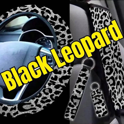 4 PC Car Accessories Set in Black Leopard Shimmer - Sip Sleeves