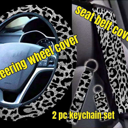 4 PC Car Accessories Set in Black Leopard Shimmer - Sip Sleeves
