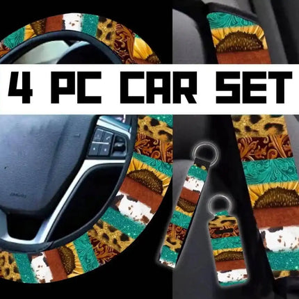4 PC Car Accessories Set in Black Leopard Shimmer - Sip Sleeves
