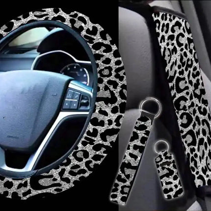 4 PC Car Accessories Set in Black Leopard Shimmer - Sip Sleeves