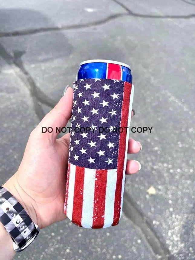 American Flag Print Slim Can Koozie - Sip Sleeves