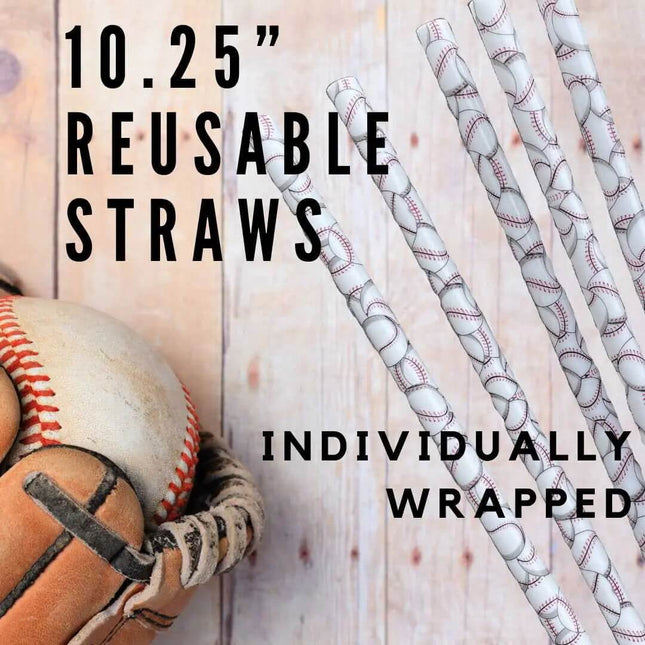Baseball 10.25" Long Printed Plastic Straws ~ IND WRAPPED