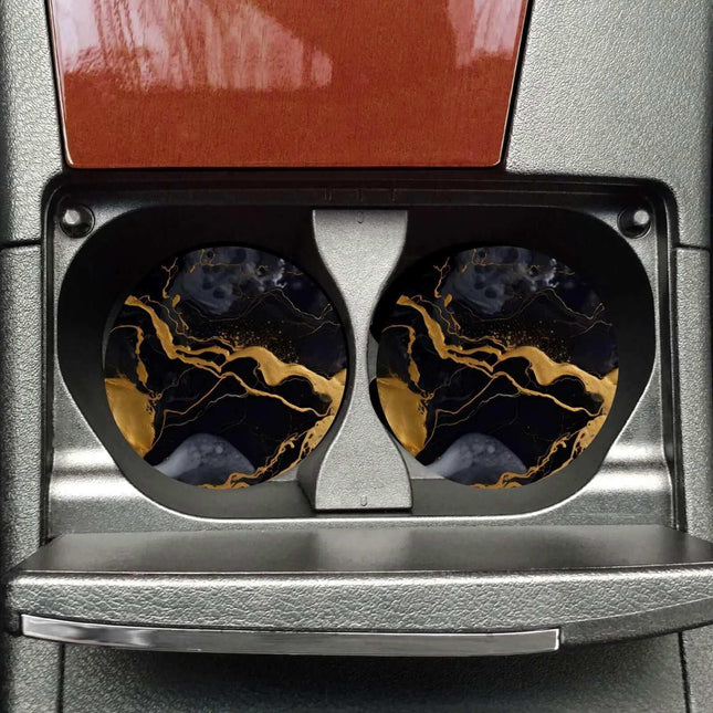 Black and Gold Marbled Neoprene Car Coaster Set for Cup Holder Absorbent Washable and Fun - Sip Sleeves