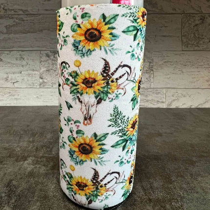 Boho Sunflower & Bullskull Print Slim Can Koozie - Sip Sleeves