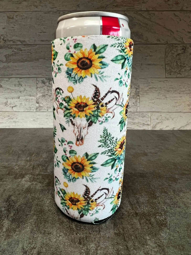 Boho Sunflower & Bullskull Print Slim Can Koozie - Sip Sleeves