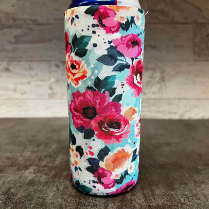 Bright Flowers Print Slim Can Koozie - Sip Sleeves