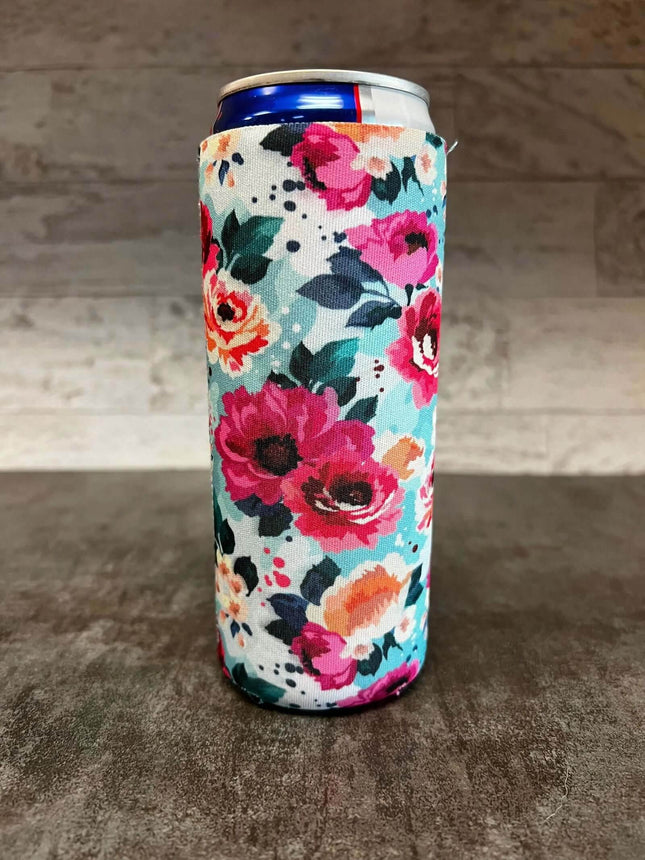 Bright Flowers Print Slim Can Koozie - Sip Sleeves