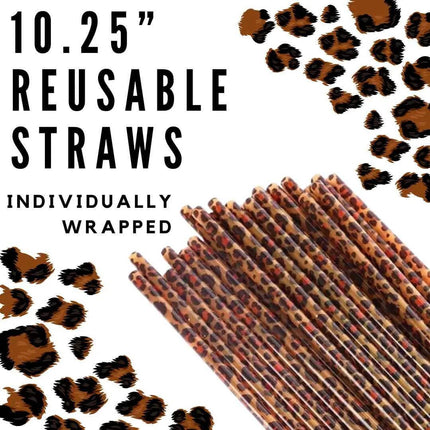 Brown Leopard 10.25" Long Printed Plastic Straws ~ IND WRAPPED