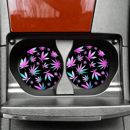 Cannabis Bright Print Neoprene Car Coaster Set for Cup Holder Absorbent Washable and Fun - Sip Sleeves