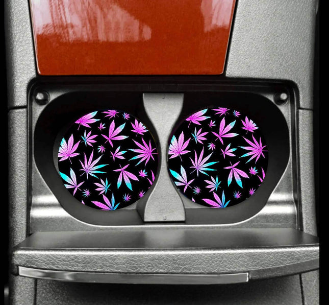Cannabis Bright Print Neoprene Car Coaster Set for Cup Holder Absorbent Washable and Fun - Sip Sleeves