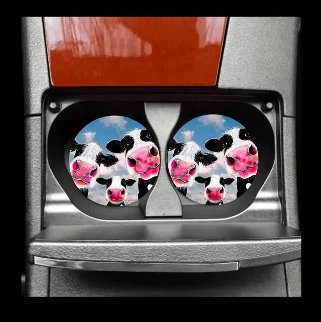 Cow Family Neoprene Car Coaster Set for Cup Holder Absorbent Washable and Fun - Sip Sleeves