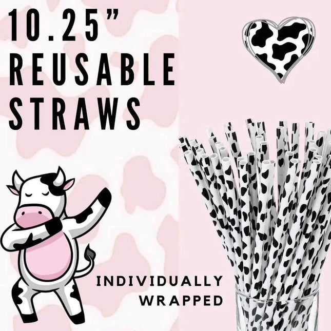 Cow Print 10.25" Long Printed Plastic Straws ~ IND WRAPPED