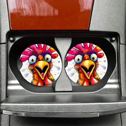 Crazy Chicken Neoprene Car Coaster Set for Cup Holder Absorbent Washable and Fun - Sip Sleeves
