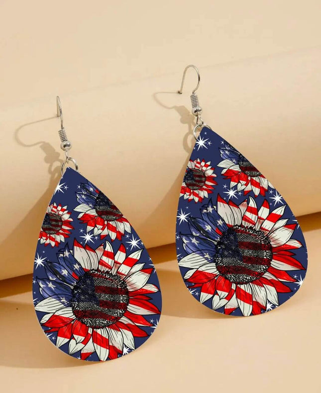 Custom Vegan Leather Tear Drop Earrings ~ American SunflowerTear drop fun jewelry - Sip Sleeves