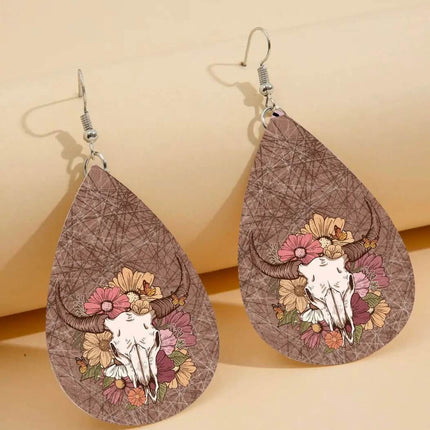 Custom Vegan Leather Tear Drop Earrings ~ Boho BullskullTear drop fun jewelry - Sip Sleeves