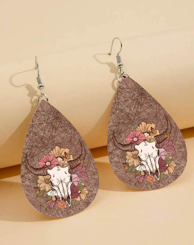 Custom Vegan Leather Tear Drop Earrings ~ Boho BullskullTear drop fun jewelry - Sip Sleeves