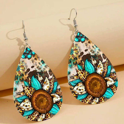 Custom Vegan Leather Tear Drop Earrings ~ Leopard SunflowerTear drop fun jewelry - Sip Sleeves