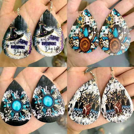 Custom Vegan Leather Tear Drop Earrings ~ Leopard SunflowerTear drop fun jewelry - Sip Sleeves