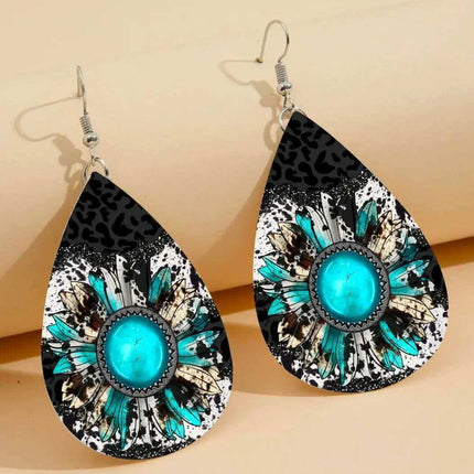 Custom Vegan Leather Tear Drop Earrings ~ Leopard SunflowerTear drop fun jewelry - Sip Sleeves