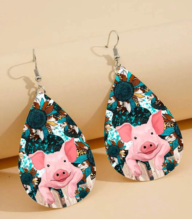 Custom Vegan Leather Tear Drop Earrings ~ Samuel The PigTear drop fun jewelry - Sip Sleeves