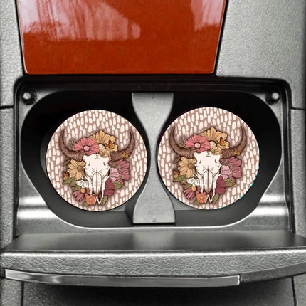 Exclusive Neutral Boho Bullskull Neoprene Car Coaster Set for Cup Holder Absorbent Washable and Fun - Sip Sleeves