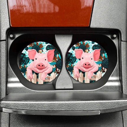 Exclusive Samuel The Pig Neoprene Car Coaster Set for Cup Holder Absorbent Washable and Fun - Sip Sleeves