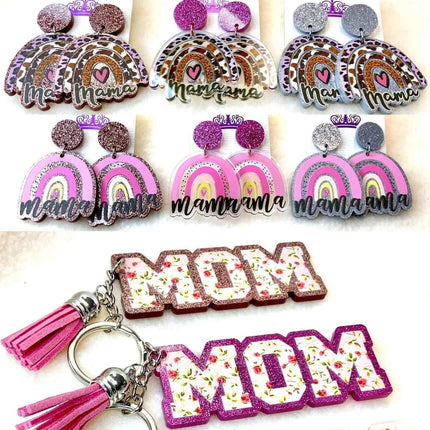 Glitter Mom & Mama Earrings & Keychains You choose ~ perfect for Mothers Day Custom acrylic gift decoration - Sip Sleeves