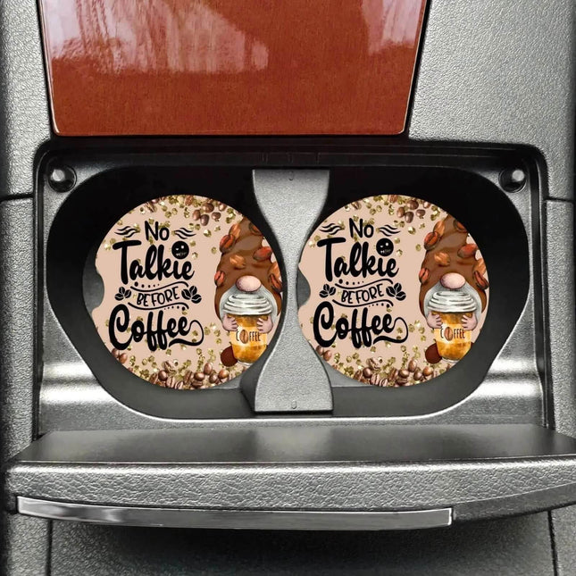 Gnome No Talkie Before Coffee Neoprene Car Coaster Set for Cup Holder Absorbent Washable and Fun - Sip Sleeves