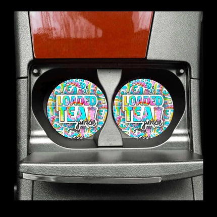 Loaded Tea Junkie Neoprene Car Coaster Set for Cup Holder Absorbent Washable and Fun - Sip Sleeves