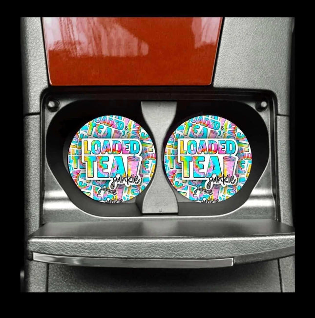 Loaded Tea Junkie Neoprene Car Coaster Set for Cup Holder Absorbent Washable and Fun - Sip Sleeves