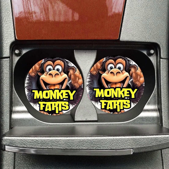 Monkey Farts Neoprene Car Coaster Set for Cup Holder Absorbent Washable and Fun - Sip Sleeves