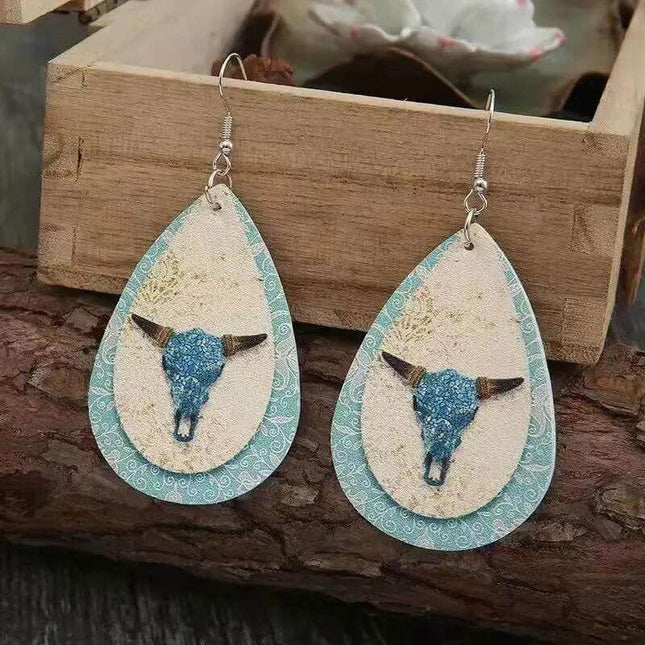 *NEW* Custom Vegan Leather Tear Drop Earrings ~ Blue Bullskull - Sip Sleeves