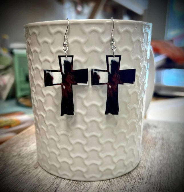 New & Custom * Acrylic Cross Drop Cowhide Earrings - Sip Sleeves