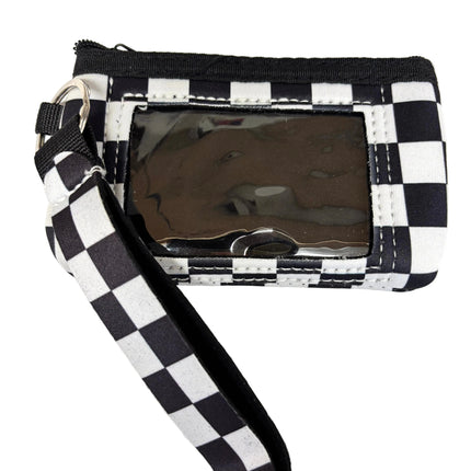 Black and white checkered pouch with clear front pocket on a white background