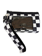 Black and white checkered pouch with clear front pocket on a white background