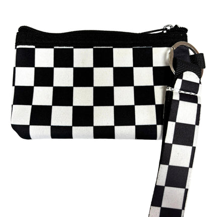 Black and white checkered pouch with strap on a white background