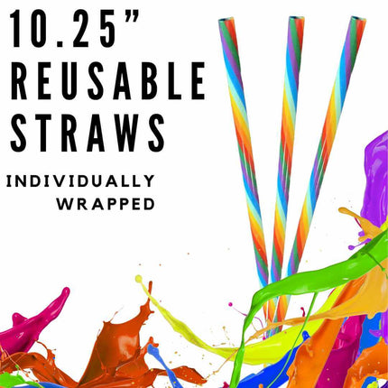 Rainbow Swirl 10.25" Long Printed Plastic Straws ~ IND WRAPPED