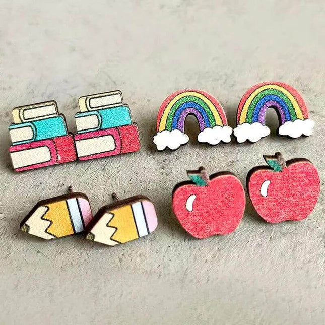 School / Teacher Super Cute Painted Wood Stud Earrings - Sip Sleeves